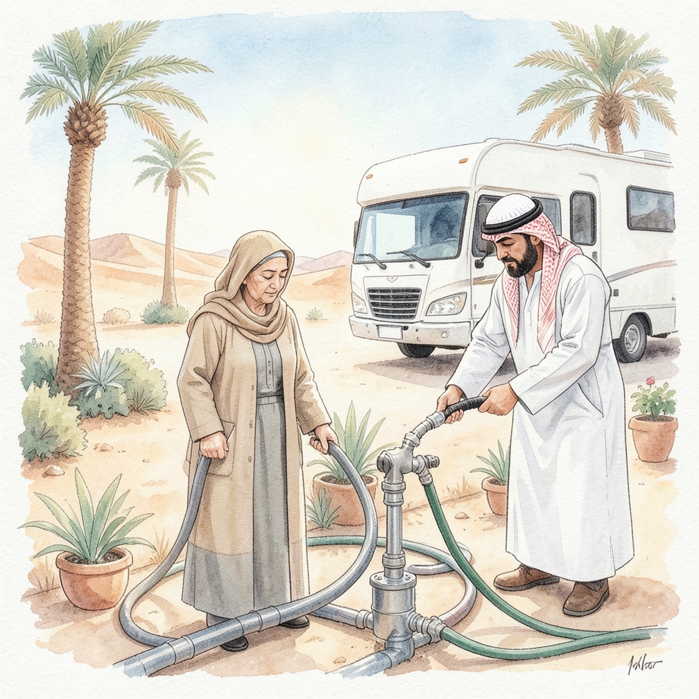 اتصل أنبوب الهواء بالمضخة واتصل الطرف الآخر بمرفق أحد خطوط مياه المركبة